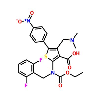 CAS:1589503-95-6|2-((2,6-Difluorobenzyl)(ethoxycarbonyl)amino)-4-((dimethylamino)methyl)-5-(4-nitrofenil)tiofèn{{7} }asid carboxylic